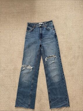 Zara Distressed Straight-Leg Jeans - Blue